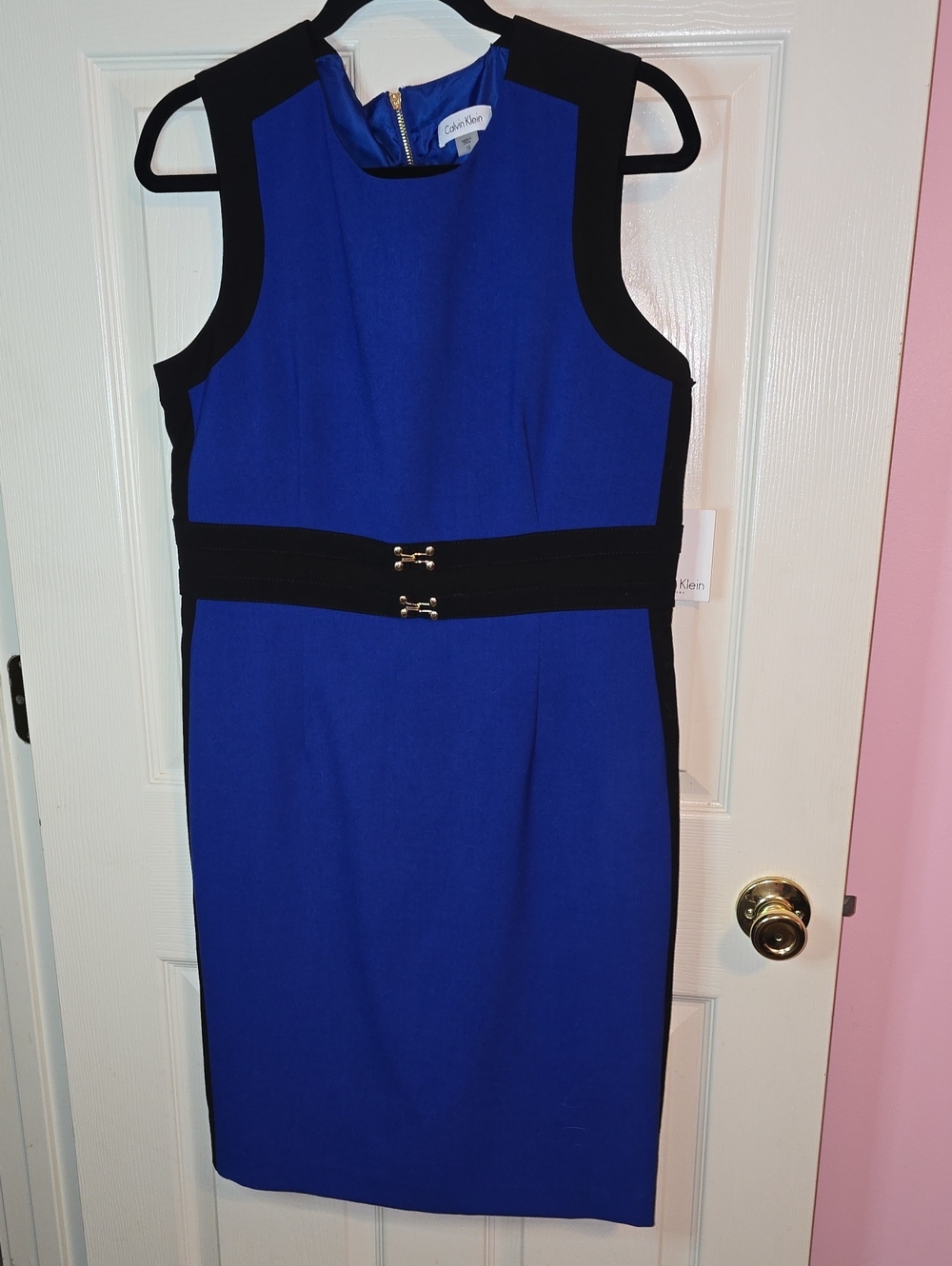 Calvin Klein Royal Blue Midi Sheath Dress with Black Trim